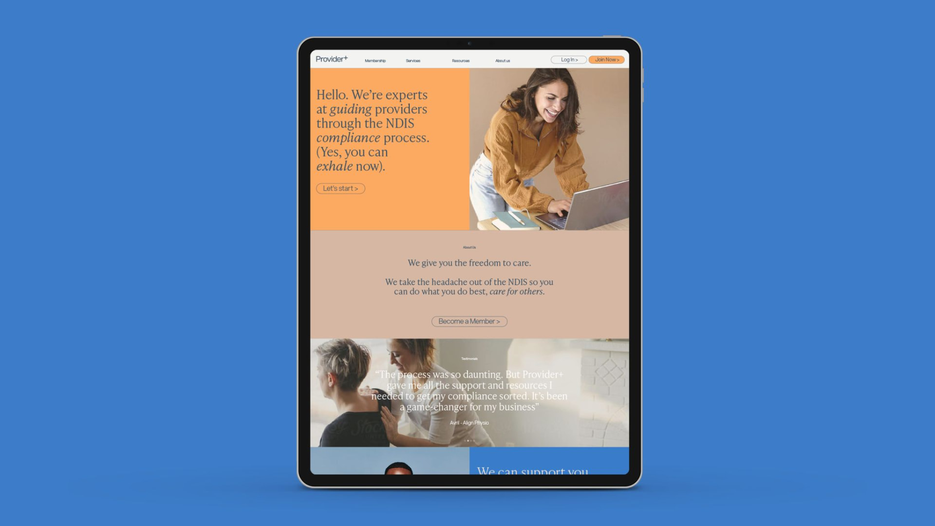 Provider+ website homepage showing the rewritten NDIS compliance value proposition