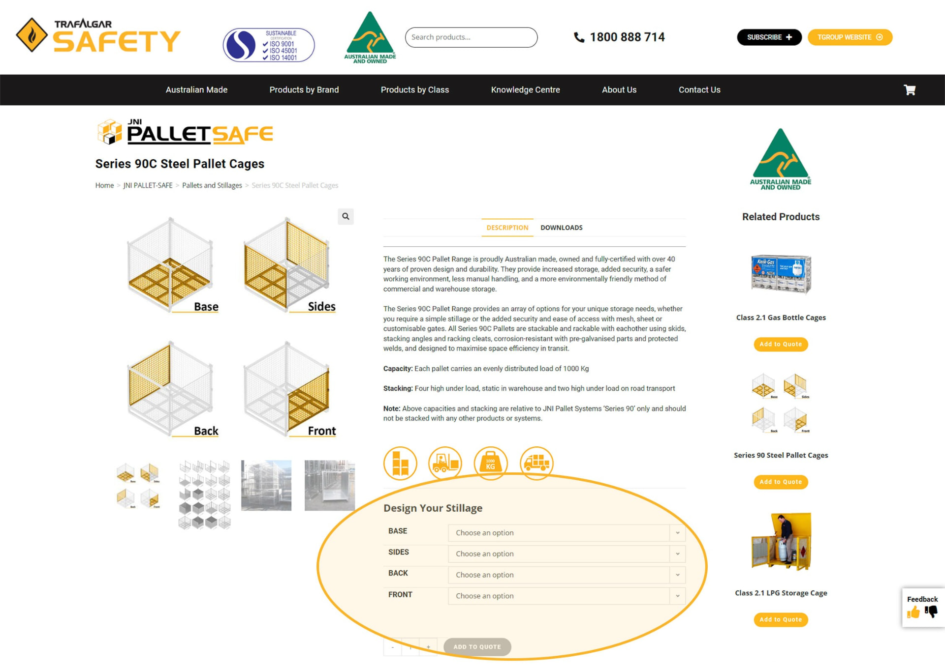 Trafalgar Safety Design Your Stillage product configurator dropdowns