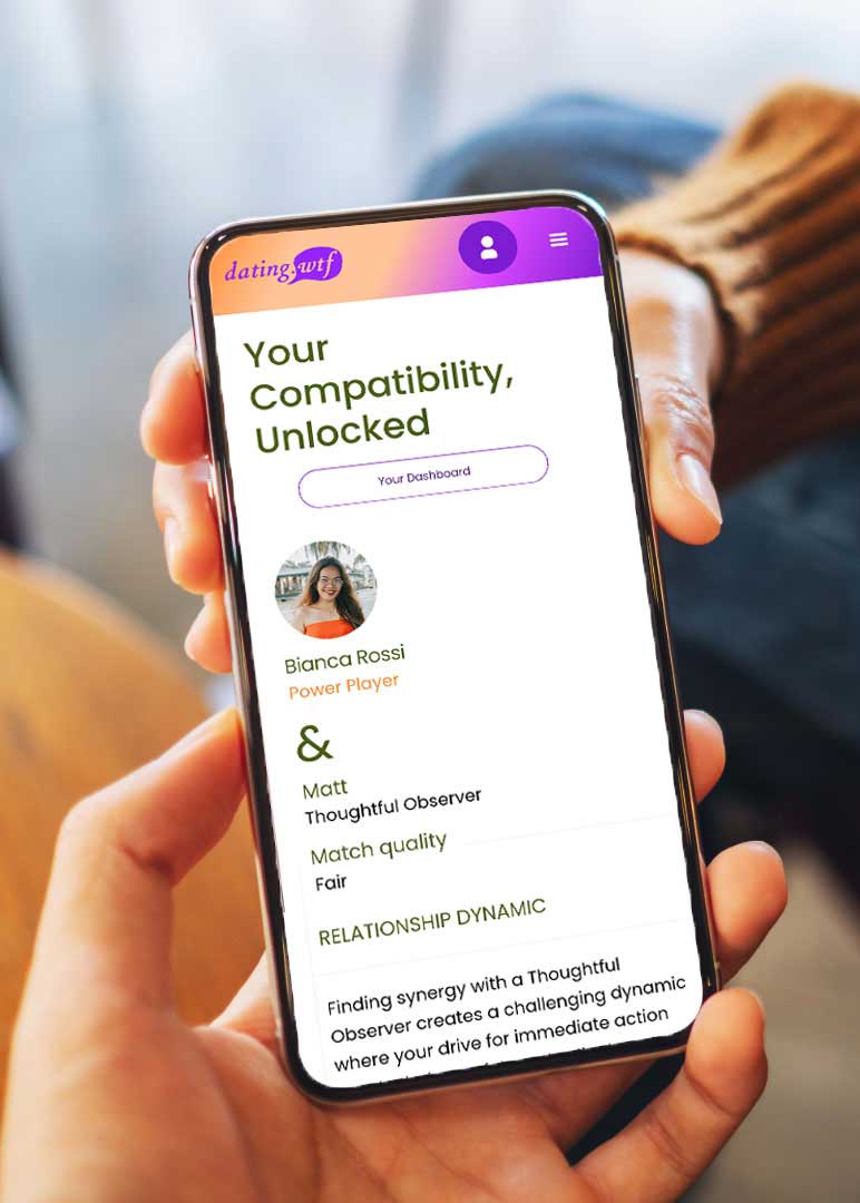 Dating.wtf compatibility report shown on a mobile phone, presenting behavioural analysis between two users