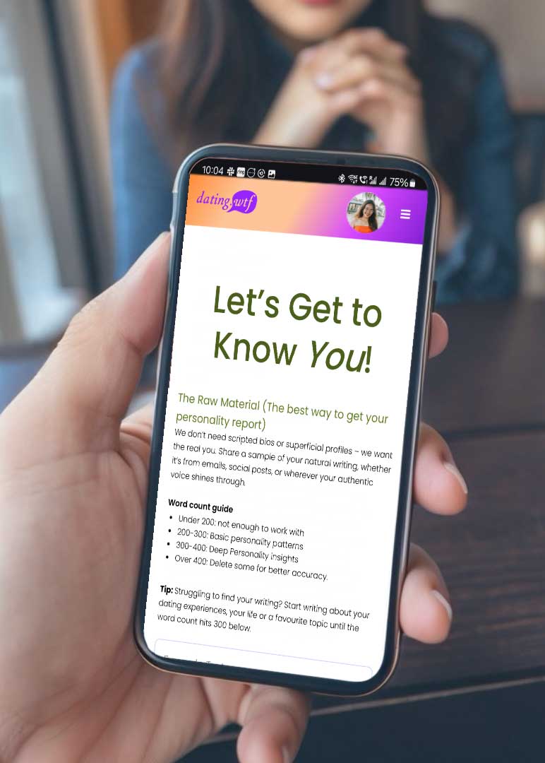 Dating.wtf input screen on a mobile phone asking the user to share a writing sample, with a word count guide