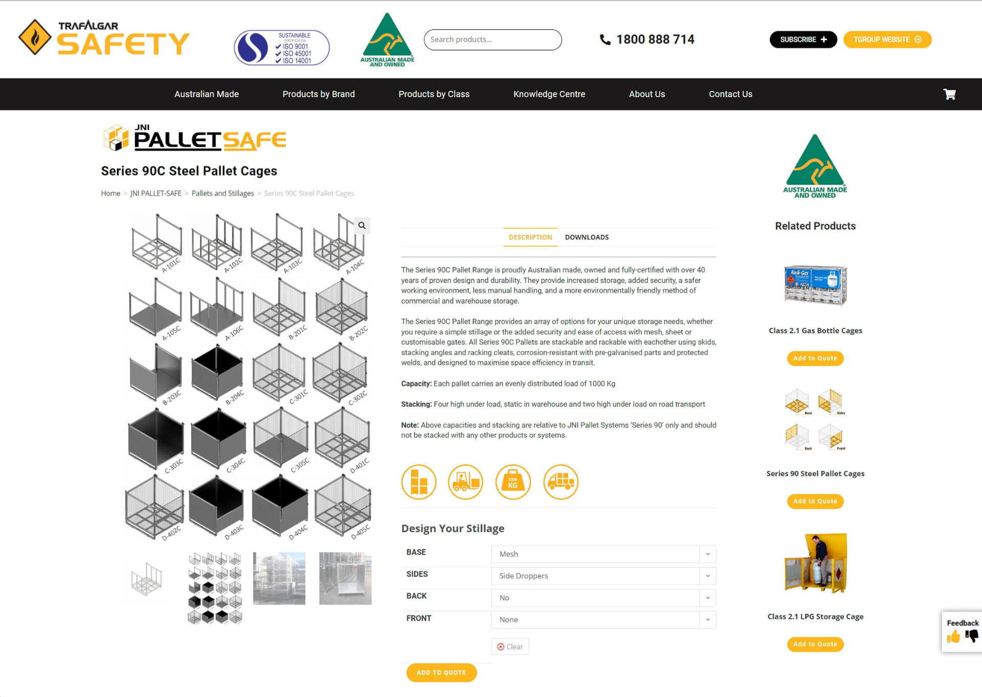 Trafalgar Safety pallet cage range page consolidating product variations
