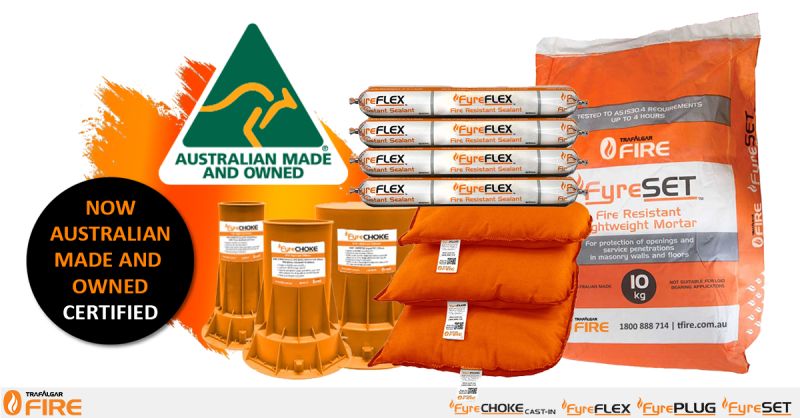 Trafalgar Fire product range packaging with Australian Made certification